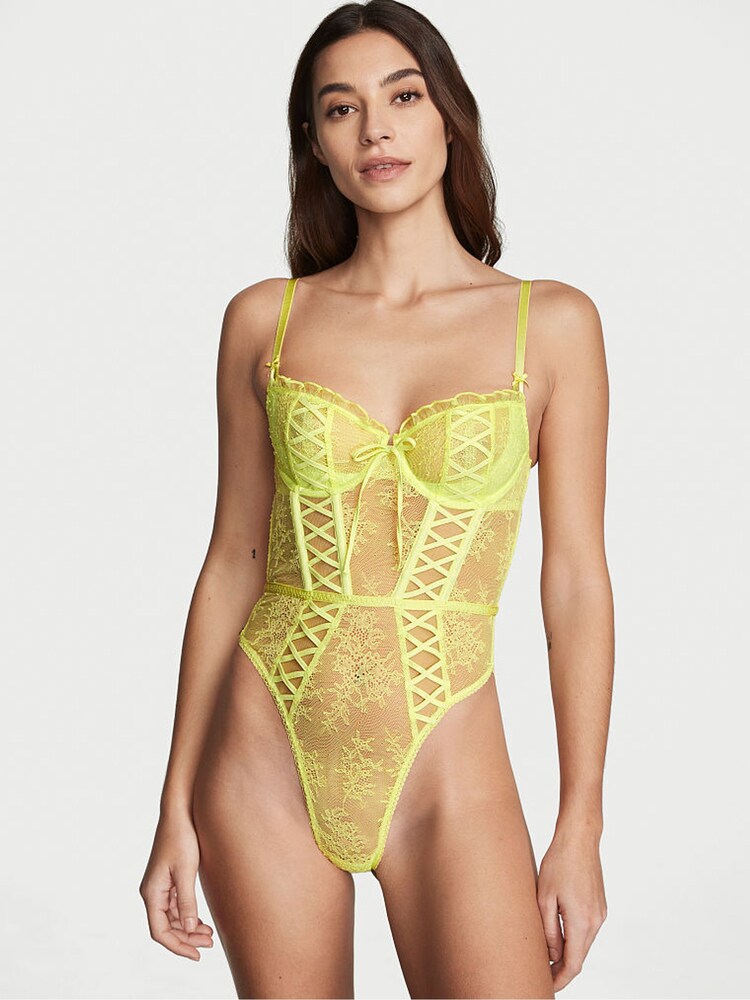 Victoria's Secret Lime Citron Yellow Lace Unlined Balcony Bodysuit - Image 1 of 4
