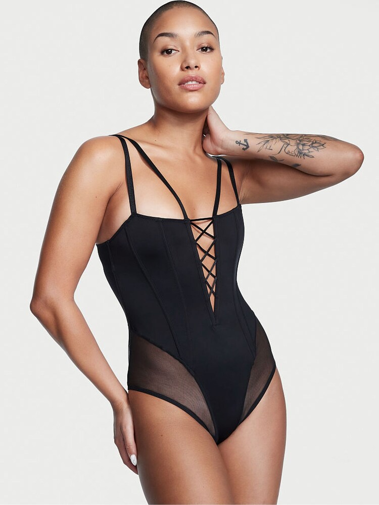 Victoria's Secret Black Lace Up Corset Bodysuit - Image 1 of 3