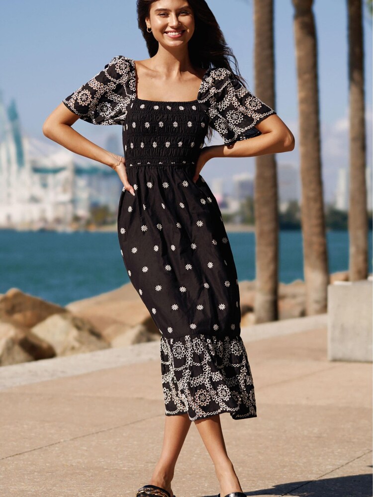 Lipsy Black/White Broderie Shirred Midi Dress - Image 1 of 4 Lipsy Black/White Broderie Shirred Midi Dress - Image 1 of 4