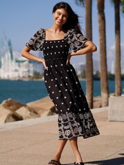 Lipsy Black/White Broderie Shirred Midi Dress - Image 3 of 4