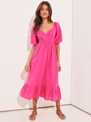 Lipsy Pink Wrap Linen Look Midi Dress - Image 1 of 4