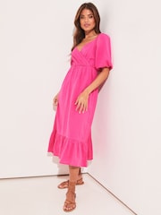 Lipsy Pink Wrap Linen Look Midi Dress - Image 3 of 4