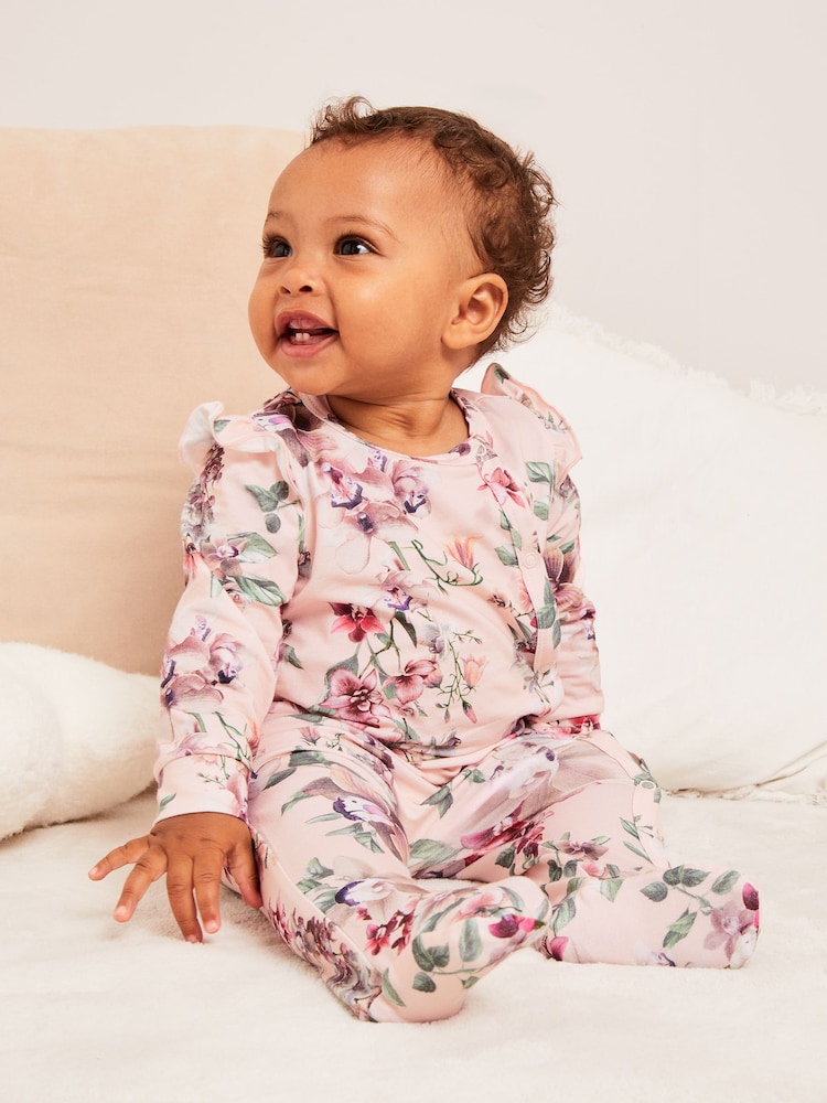 Lipsy Light Pink Floral Baby Sleepsuit - Image 1 of 7