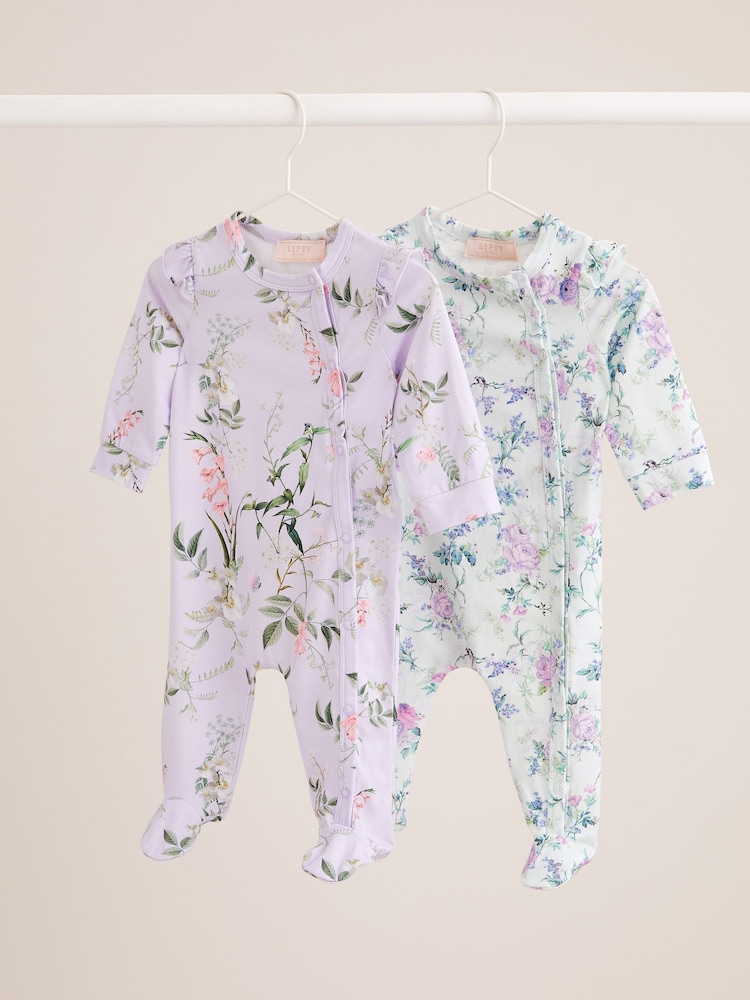 Lipsy Purple Blue Baby 2 Pack Floral Sleepsuit - Image 1 of 6