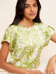 Friends Like These Green Printed Satin Utility Short Sleeve Top - Image 1 of 4