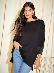 Friends Like These Black Soft Jersey Long Sleeve Satin Trim Tunic Top - Image 1 of 4