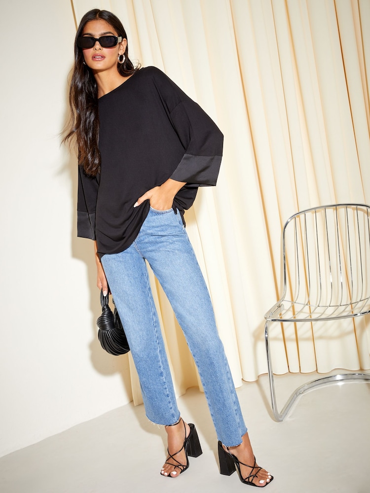 Friends Like These Black Soft Jersey Long Sleeve Satin Trim Tunic Top - Image 2 of 4