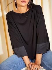 Friends Like These Black Soft Jersey Long Sleeve Satin Trim Tunic Top - Image 3 of 4