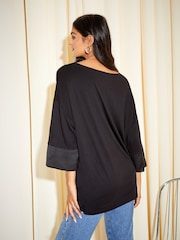 Friends Like These Black Soft Jersey Long Sleeve Satin Trim Tunic Top - Image 4 of 4