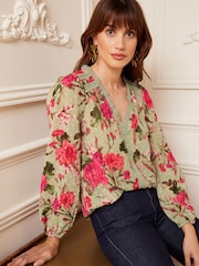Love & Roses Green Floral V Neck Lace Long Sleeve Lace Trim Dobby Spot Blouse - Image 1 of 4