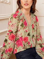 Love & Roses Green Floral V Neck Lace Long Sleeve Lace Trim Dobby Spot Blouse - Image 2 of 4