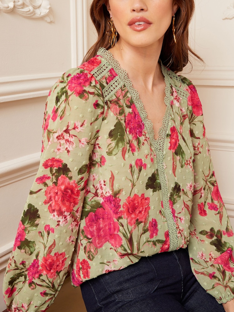 Love & Roses Green Floral V Neck Lace Long Sleeve Lace Trim Dobby Spot Blouse - Image 2 of 4