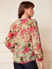 Love & Roses Green Floral V Neck Lace Long Sleeve Lace Trim Dobby Spot Blouse - Image 3 of 4
