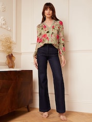 Love & Roses Green Floral V Neck Lace Long Sleeve Lace Trim Dobby Spot Blouse - Image 4 of 4