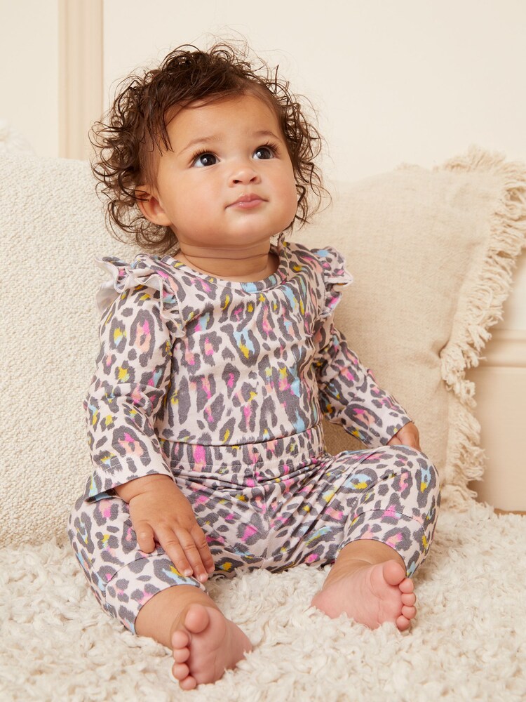 Love & Roses Cream Animal Baby Printed Ruffle Bodysuit And Legging Set - Image 1 of 4 Love & Roses Cream Animal Baby Printed Ruffle Bodysuit And Legging Set - Image 1 of 4
