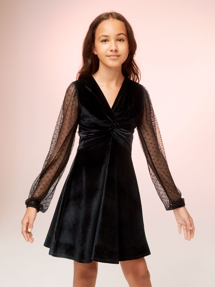 Lipsy Black Velvet Knot Front Long Sleeve Dress - Image 2 of 4