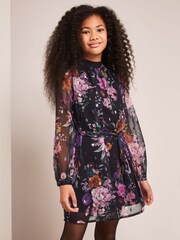 Lipsy Black Floral Long Sleeve Chiffon Shift Dress - Image 1 of 4