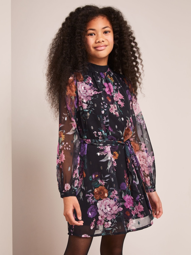 Lipsy Black Floral Long Sleeve Chiffon Shift Dress - Image 1 of 4