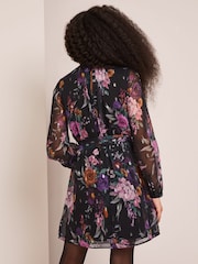 Lipsy Black Floral Long Sleeve Chiffon Shift Dress - Image 3 of 4