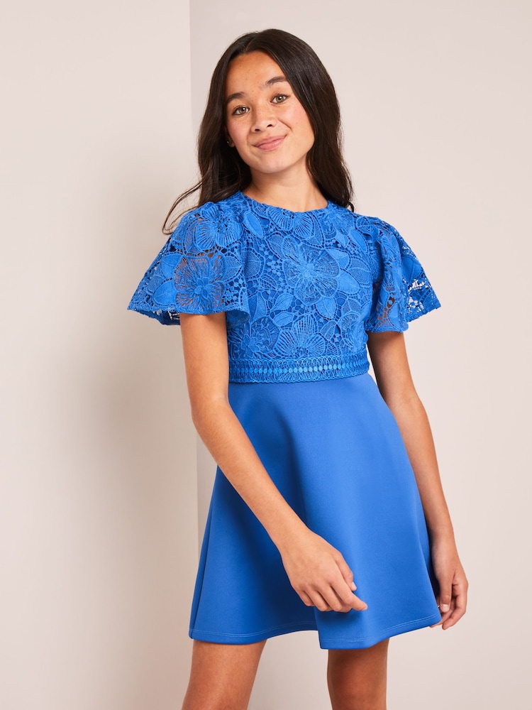 Lipsy Cobalt Blue 2-In-1 Flutter Sleeve Lace Occasion Dress - Image 1 of 1