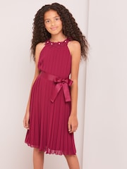 Lipsy Berry Red Pleated Chiffon Occasion Dress - Image 1 of 4