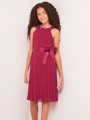 Lipsy Berry Red Pleated Chiffon Occasion Dress - Image 2 of 4