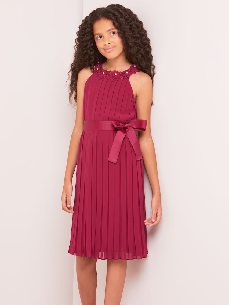 Lipsy Berry Red Pleated Chiffon Occasion Dress - Image 2 of 4