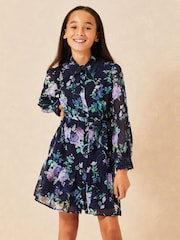 Lipsy Navy Blue Tie Waist Long Sleeve Shirt Dress - Image 1 of 4