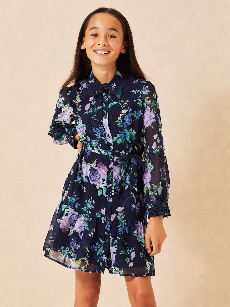Lipsy Navy Blue Tie Waist Long Sleeve Shirt Dress - Image 1 of 4