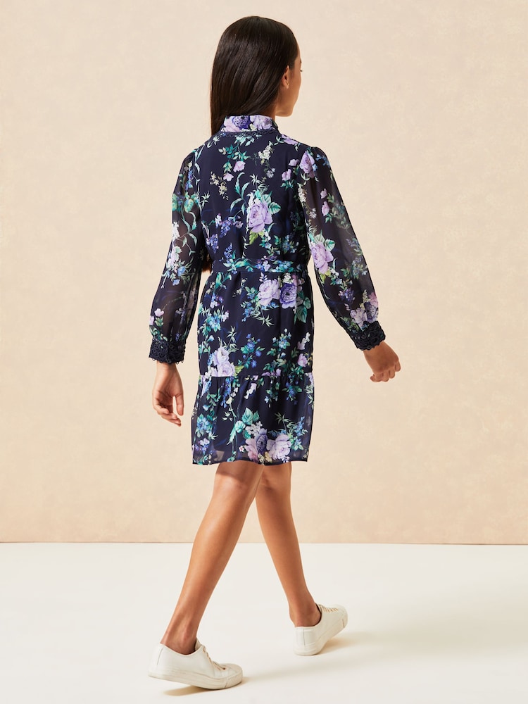 Lipsy Navy Blue Tie Waist Long Sleeve Shirt Dress - Image 2 of 4