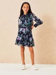 Lipsy Navy Blue Tie Waist Long Sleeve Shirt Dress - Image 4 of 4