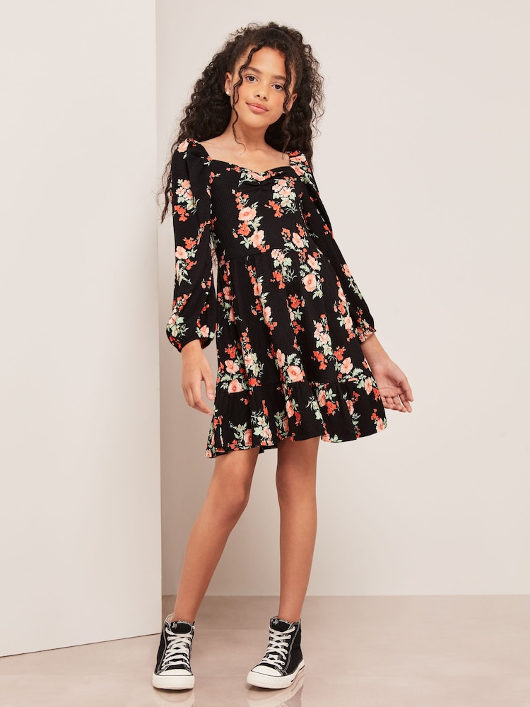 Lipsy Black Floral Crinkle Jersey Square Neck Dress - Image 2 of 4 Lipsy Black Floral Crinkle Jersey Square Neck Dress - Image 2 of 4