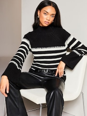 Lipsy Black/White Striped High Neck Wide Sleeve Knitted Jumper - Image 1 of 4
