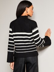 Lipsy Black/White Striped High Neck Wide Sleeve Knitted Jumper - Image 2 of 4