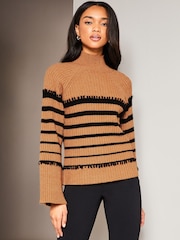 Lipsy Camel Striped High Neck Wide Sleeve Knitted Jumper - Image 1 of 4