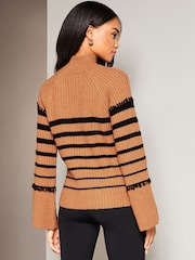 Lipsy Camel Striped High Neck Wide Sleeve Knitted Jumper - Image 2 of 4