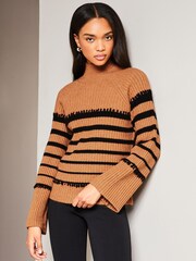 Lipsy Camel Striped High Neck Wide Sleeve Knitted Jumper - Image 3 of 4