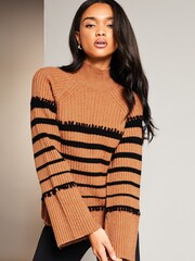 Lipsy Camel Striped High Neck Wide Sleeve Knitted Jumper - Image 4 of 4