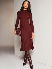 Lipsy Berry Red Long Sleeve Fit and Flare Cable Knitted Dress - Image 1 of 4