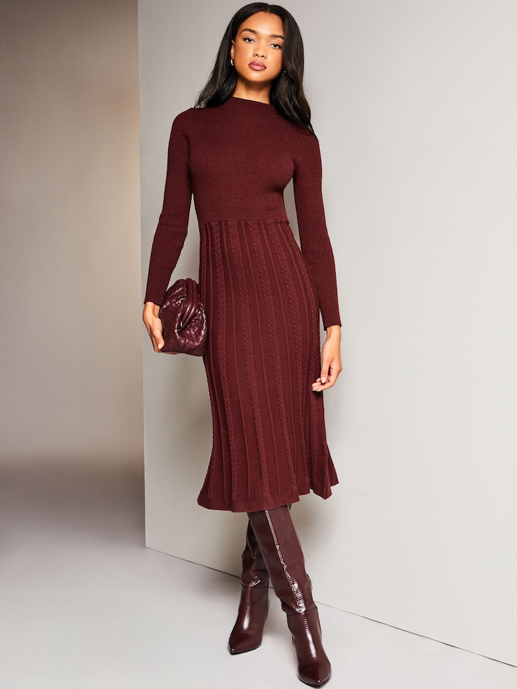 Lipsy Berry Red Long Sleeve Fit and Flare Cable Knitted Dress - Image 1 of 4 Lipsy Berry Red Long Sleeve Fit and Flare Cable Knitted Dress - Image 1 of 4