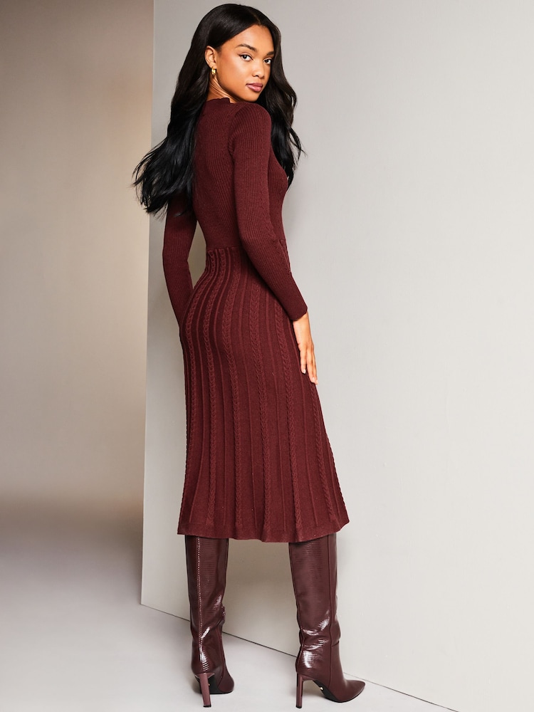 Lipsy Berry Red Long Sleeve Fit and Flare Cable Knitted Dress - Image 2 of 4 Lipsy Berry Red Long Sleeve Fit and Flare Cable Knitted Dress - Image 2 of 4