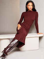 Lipsy Berry Red Long Sleeve Fit and Flare Cable Knitted Dress - Image 3 of 4