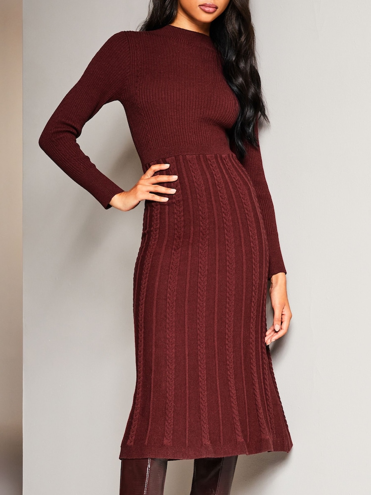 Lipsy Berry Red Long Sleeve Fit and Flare Cable Knitted Dress - Image 4 of 4 Lipsy Berry Red Long Sleeve Fit and Flare Cable Knitted Dress - Image 4 of 4