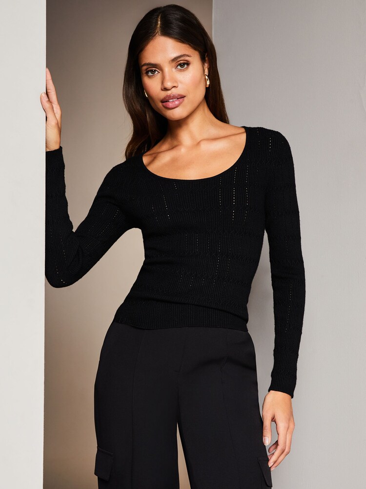 Lipsy Black Petite Long Sleeve Scoop Neck Fine Cable Knitted Jumper - Image 1 of 4 Lipsy Black Petite Long Sleeve Scoop Neck Fine Cable Knitted Jumper - Image 1 of 4