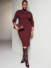 Lipsy Berry Red Curve Knitted Envelope Neck Bodycon Midi Dress - Image 1 of 4