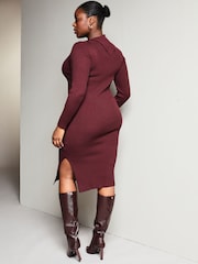 Lipsy Berry Red Curve Knitted Envelope Neck Bodycon Midi Dress - Image 2 of 4
