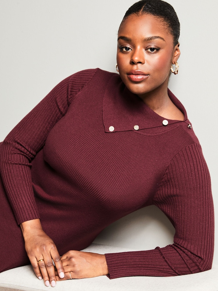 Lipsy Berry Red Curve Knitted Envelope Neck Bodycon Midi Dress - Image 4 of 4