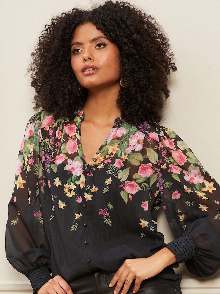 Love & Roses Black Floral Printed V Neck Puff Sleeve Blouse - Image 1 of 4