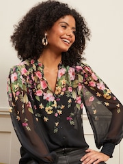 Love & Roses Black Floral Printed V Neck Puff Sleeve Blouse - Image 2 of 4