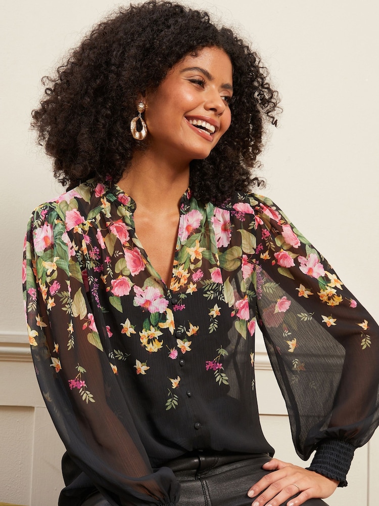Love & Roses Black Floral Printed V Neck Puff Sleeve Blouse - Image 2 of 4
